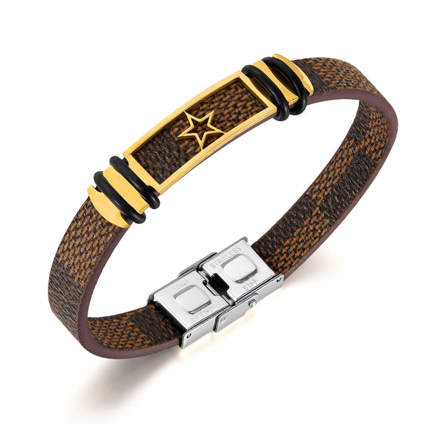 Men's Titanium Stainless Steel Bracelet with Textured Leather and Star Motif - Durable and Stylish Accessory-Men's Bracelet-SunnyHouse Jewelry