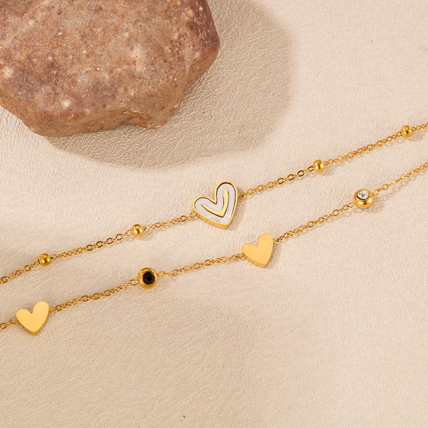 Women’s Gold Titanium Stainless Steel Double Layer Heart Anklet – Adjustable Dainty Chain Ankle Bracelet with Enamel & Cubic Zirconia Charms-Women's Anklet-SunnyHouse Jewelry