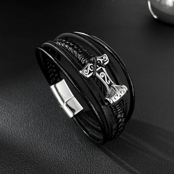 Men’s Viking Thor's Hammer Bracelet – Titanium Stainless Steel & Black Leather Braided Wrap Bracelet – Norse Mythology Jewelry for Men-Men's Bracelet-SunnyHouse Jewelry
