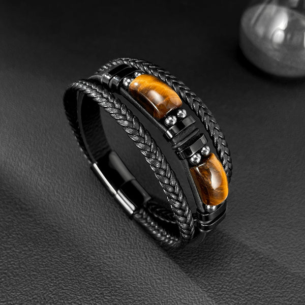 Men’s Tiger Eye Stone Bracelet – Titanium Stainless Steel & Black Braided Leather Wrap Bracelet – Natural Gemstone Jewelry for Men-Men's Bracelet-SunnyHouse Jewelry