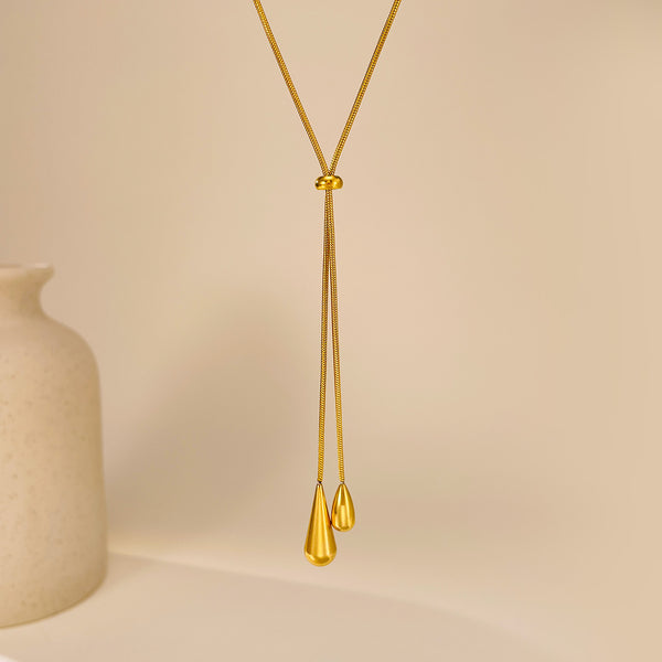 Elegant Teardrop Lariat Necklace for Women – Gold Plated Titanium Stainless Steel Y Pendant Jewelry – Adjustable Drop Chain Necklace for Daily or Party Wear-Women's Necklace-SunnyHouse Jewelry