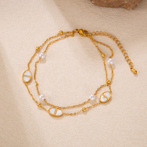 Elegant Women’s Titanium Stainless Steel Anklet – Double Layer Gold Chain with White Shell Inlay and Faux Pearls – Hypoallergenic & Tarnish-Resistant Jewelry for Daily Wear-Women's Anklet-SunnyHouse Jewelry