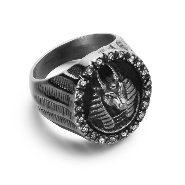 Men's Pharaoh Head Ring - Titanium Stainless Steel Egyptian Style Jewelry with Crystal Accents-Men's Ring-SunnyHouse Jewelry