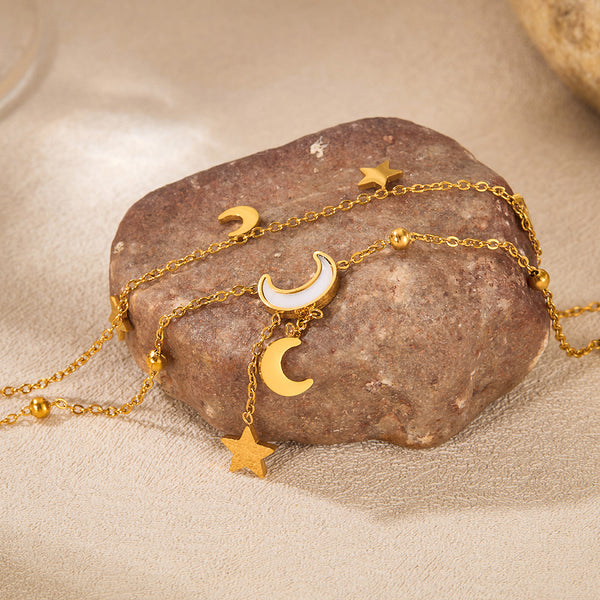 Women’s Titanium Stainless Steel Moon and Star Anklet – Gold Double-Layer Adjustable Chain Anklet with Celestial Charms – Hypoallergenic, Waterproof, Tarnish-Resistant-Women's Anklet-SunnyHouse Jewelry