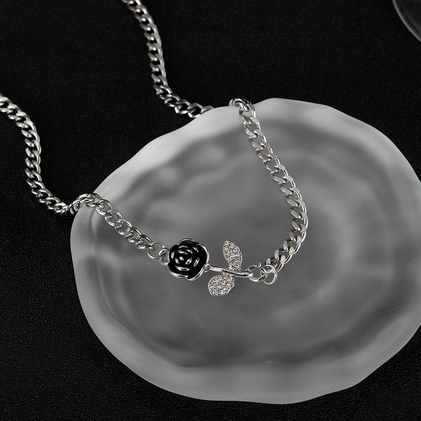 Women’s Lucky Rose Pendant Necklace – Silver Chain with Black Rose and Crystal Leaves, Elegant Durable Fashion Jewelry for Women-Women's Necklace-SunnyHouse Jewelry