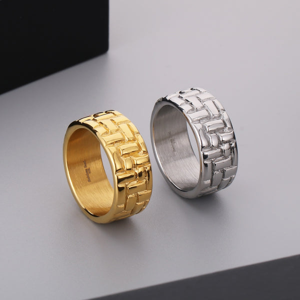Men’s Titanium Stainless Steel Ring – Gold-Plated Embossed Pattern Band – Durable and Stylish Fashion Ring for Men-Men's Ring-SunnyHouse Jewelry
