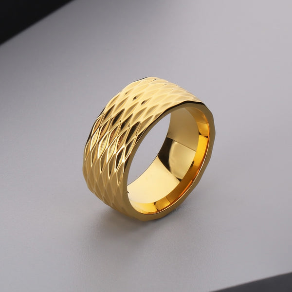 Men's Titanium Stainless Steel Ring – Wide Gold-Plated Band with Textured Diamond Pattern – Durable Fashion Ring for Men-Men's Ring-SunnyHouse Jewelry