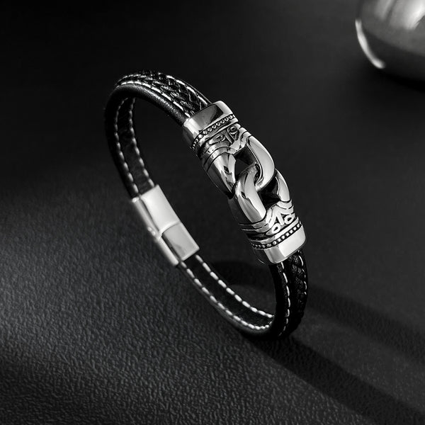 Men’s Leather Bracelet with Titanium Stainless Steel Link Accent – Braided Black Leather with Engraved Centerpiece & Magnetic Clasp – Stylish Viking-Inspired Jewelry for Men-Men's Bracelet-SunnyHouse Jewelry