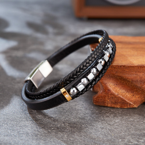 Sophisticated Men's Black Leather and Stainless Steel Beaded Bracelet – Elegant Design with Magnetic Clasp-Men's Earrings-SunnyHouse Jewelry