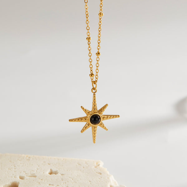 Women's Titanium Stainless Steel Star Pendant Necklace with Black Stone – Gold-Plated Chain – Hypoallergenic & Tarnish Resistant-Women's Necklace-SunnyHouse Jewelry