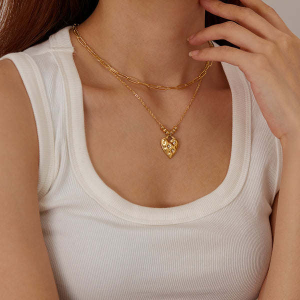 Women’s Lucky Heart Pendant Necklace – Gold-Tone Layered Chain with Cubic Zirconia, Fashion Jewelry for Everyday Wear-Women's Necklace-SunnyHouse Jewelry