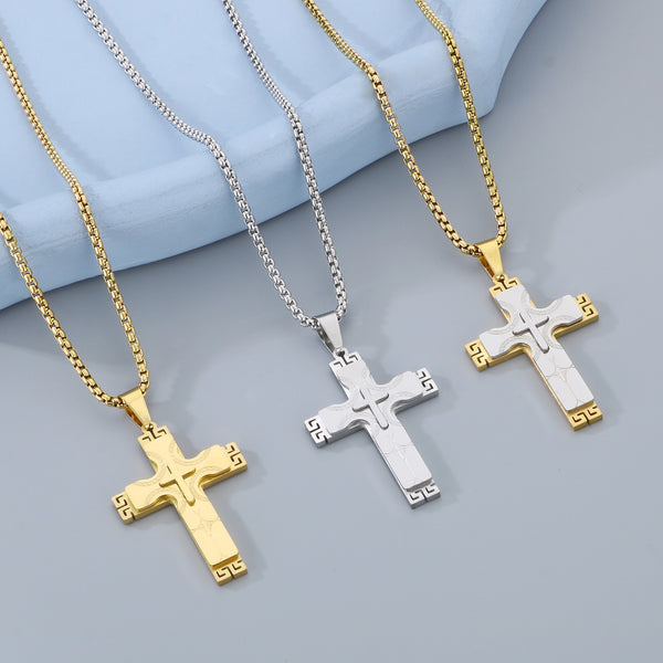 Men’s Titanium Stainless Steel Cross Pendant Necklace – Gold-Plated with Greek Key Engravings – Durable Christian Jewelry for Men-Men's Pendant Necklace-SunnyHouse Jewelry