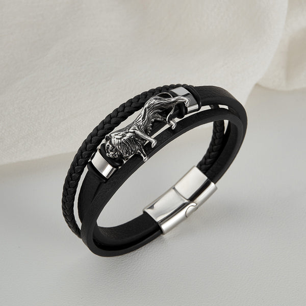 Men’s Leather Bracelet with Wolf Head Design – Braided Leather & Stainless Steel Magnetic Clasp, Durable Fashion Jewelry for Men-Men's Bracelet-SunnyHouse Jewelry