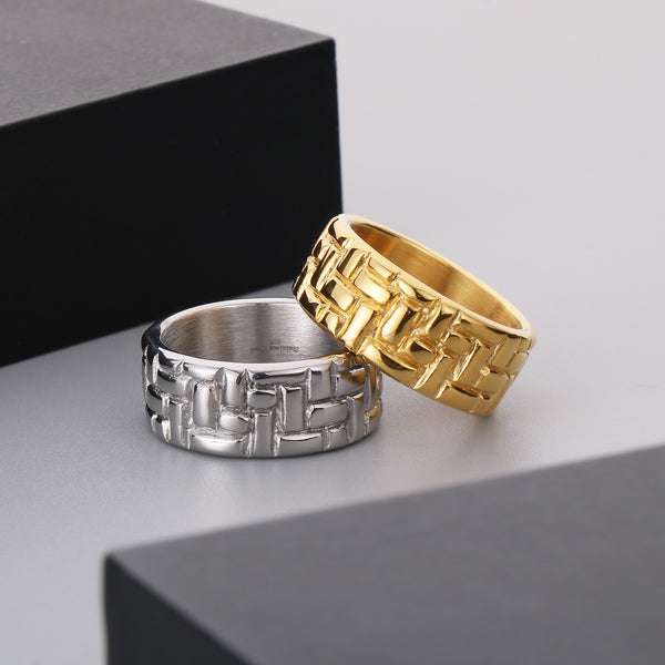 Men’s Titanium Stainless Steel Ring – Gold-Plated Embossed Pattern Band – Durable and Stylish Fashion Ring for Men-Men's Ring-SunnyHouse Jewelry