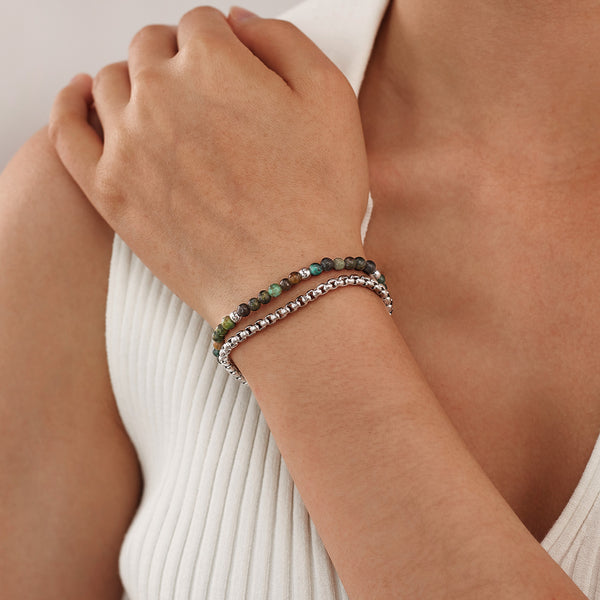Titanium Stainless Steel & Tiger‑Eye Bead Double‑Chain Bracelet for Women – Adjustable Layered Hypoallergenic & Tarnish‑Resistant Jewelry Gift-Women's Bangle-SunnyHouse Jewelry