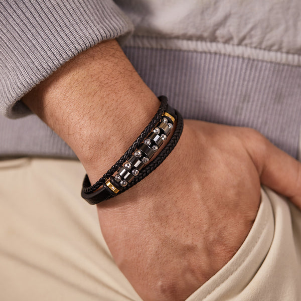 Men's Stylish Leather and Stainless Steel Beaded Bracelet – Secure Magnetic Clasp, Ideal for Daily Wear-Men's Bracelet-SunnyHouse Jewelry