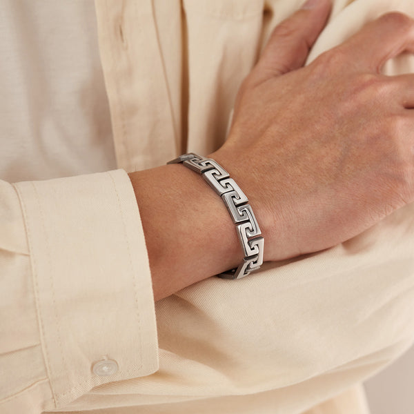 Men’s Titanium Stainless Steel Bracelet – Greek Key Link Chain Design, Polished Silver, Durable & Hypoallergenic Classic Bracelet for Men-Men's Bracelet-SunnyHouse Jewelry