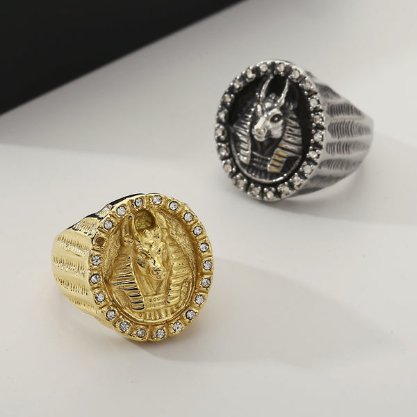 Men's Pharaoh Head Ring - Titanium Stainless Steel Egyptian Style Jewelry with Crystal Accents-Men's Ring-SunnyHouse Jewelry