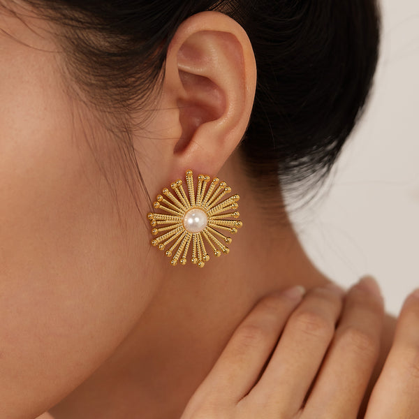 Women’s Gold Sunburst Pearl Earrings – Elegant Statement Stud Earrings with Simulated Pearl Center, Fashion Jewelry for Women and Girls-Women's Earrings-SunnyHouse Jewelry