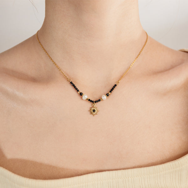Elegant Women's Black Bead and Pearl Pendant Necklace with Gold Sunburst Charm – Versatile, Fashionable Accessory-Women's Necklace-SunnyHouse Jewelry