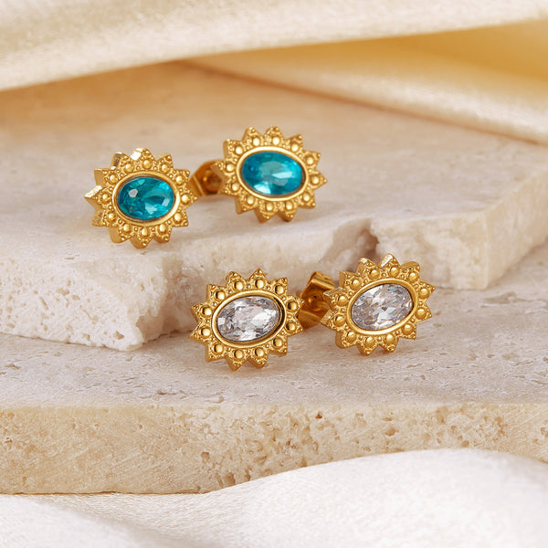 Women's Gold Sunburst Earrings with Aquamarine Centers - Vibrant and Regal Jewelry-Women's Earrings-SunnyHouse Jewelry