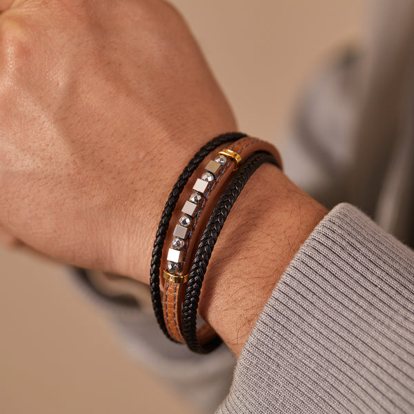 Men's Leather and Stainless Steel Bracelet – Dual Tone with Orange Stitching and Beaded Accents, Magnetic Clasp-Men's Bracelet-SunnyHouse Jewelry