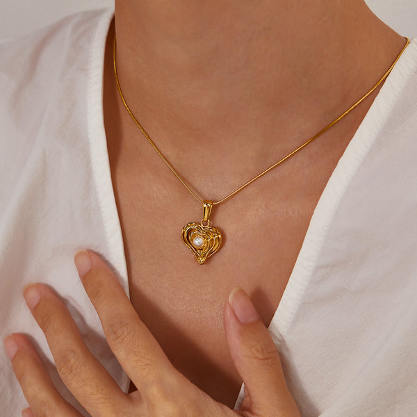 Women’s Titanium Stainless Steel Heart Pendant Necklace with Pearl Accent, Gold-Plated Adjustable Chain, Hypoallergenic Elegant Jewelry for Women and Girls-Women's Necklace-SunnyHouse Jewelry