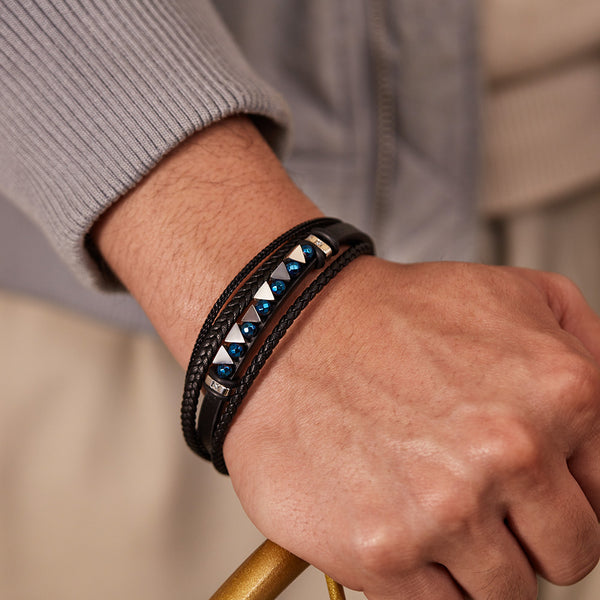 Men's Leather Bracelet with Blue Crystal Accents – Elegant Multi-Strand Design, Secure Magnetic Clasp-Men's Bracelet-SunnyHouse Jewelry