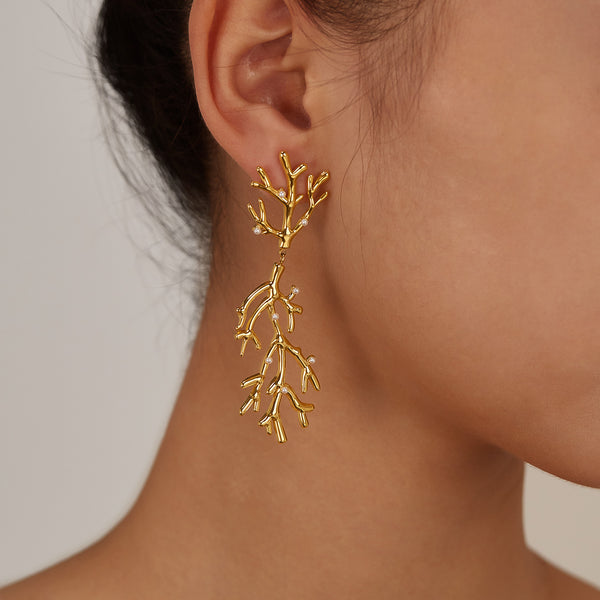 Women’s Gold Coral Branch Pearl Drop Earrings – Ocean-Inspired Long Dangle Earrings with Simulated Pearls, Statement Jewelry for Women and Girls-Women's Earrings-SunnyHouse Jewelry