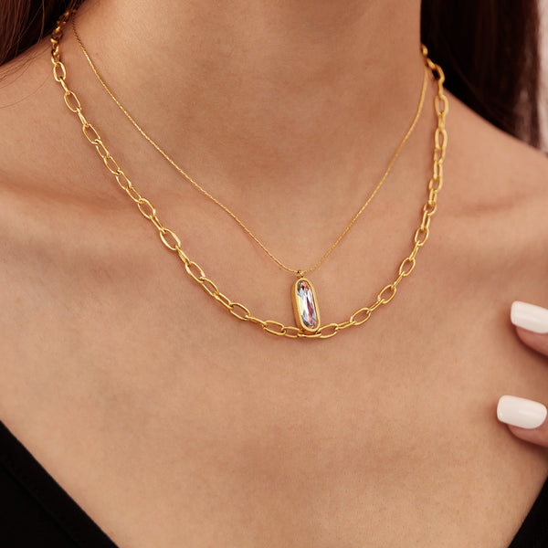 Women’s Layered Pendant Necklace – Gold Plated Titanium Stainless Steel – Double Chain Design with Iridescent Crystal Charm – Elegant Hypoallergenic Jewelry-Women's Necklace-SunnyHouse Jewelry