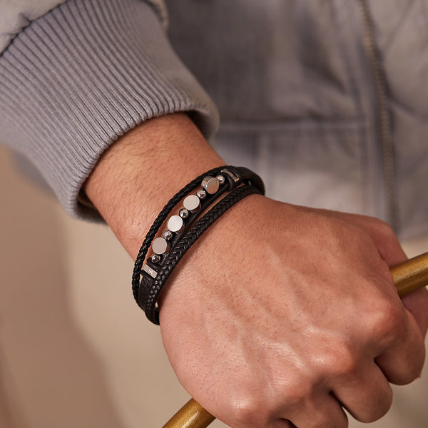 Men's Multi-Strand Leather Bracelet with Stainless Steel Discs – Modern Design, Magnetic Clasp-Men's Bracelet-SunnyHouse Jewelry