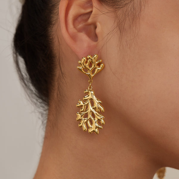 Women’s Gold Coral Reef Dangle Earrings – Ocean-Inspired Statement Earrings, Elegant Long Drop Jewelry for Women and Girls-Women's Earrings-SunnyHouse Jewelry