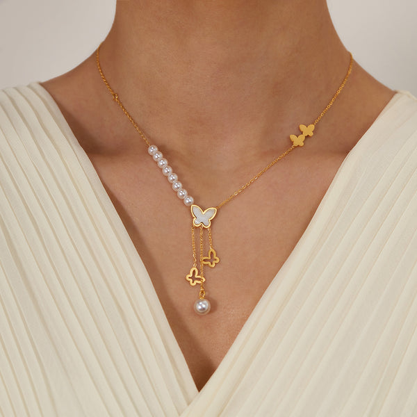 Elegant Women's Butterfly and Pearl Pendant Necklace - Gold Chain Jewelry with Lariat Design-Women's Necklace-SunnyHouse Jewelry