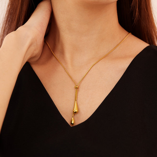 Elegant Teardrop Lariat Necklace for Women – Gold Plated Titanium Stainless Steel Y Pendant Jewelry – Adjustable Drop Chain Necklace for Daily or Party Wear-Women's Necklace-SunnyHouse Jewelry