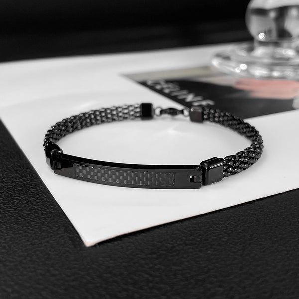 Men’s Titanium Stainless Steel Bracelet – Gold Plated Mesh Chain with Black Carbon Fiber Inlay – Durable, Stylish, and Hypoallergenic Jewelry for Men-Men's Bracelet-SunnyHouse Jewelry