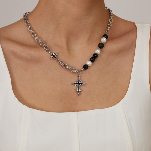 Women’s Titanium Stainless Steel Cross Pendant Necklace, Gothic-Inspired with Black and White Pearl Beads – Unique Fashion Statement Necklace-Women's Necklace-SunnyHouse Jewelry