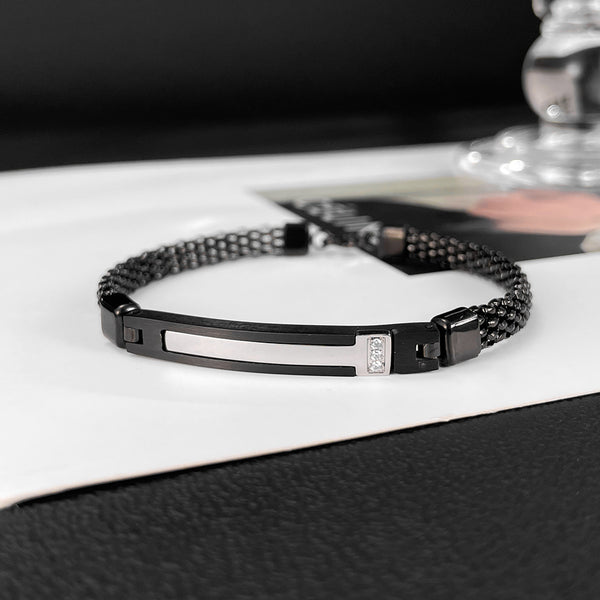 Men’s Titanium Stainless Steel Bracelet – Gold Plated Woven Chain with White Inlay & CZ Accent – Durable, Stylish & Hypoallergenic Jewelry for Men-Men's Bracelet-SunnyHouse Jewelry