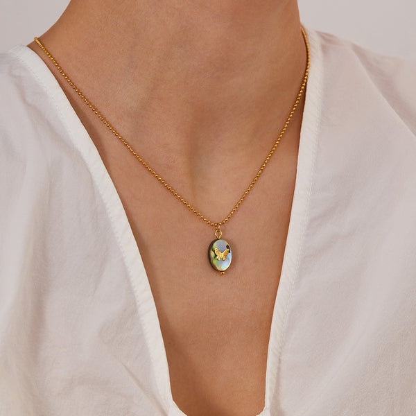 Women’s Titanium Stainless Steel Butterfly Pendant Necklace with Abalone Shell Inlay, Gold-Plated Hypoallergenic Adjustable Chain, Elegant Jewelry for Women and Girls-Women's Necklace-SunnyHouse Jewelry