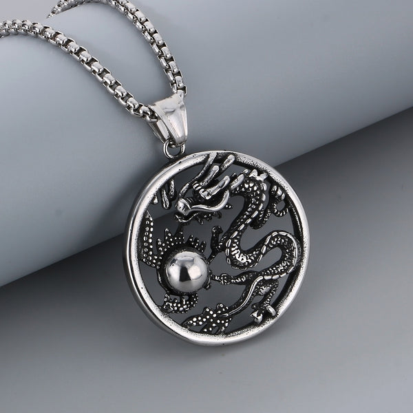 Men’s Titanium Stainless Steel Dragon Pendant Necklace – Intricate Circular Dragon Design – Durable and Stylish Necklace for Men-Men's Pendant Necklace-SunnyHouse Jewelry