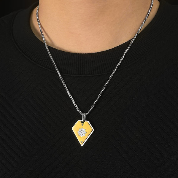 Stylish Men's Pendant Necklace - Stainless Steel Chain with Yellow and Silver Dharmachakra Motif, Durable and Trendy Accessory for Everyday Wear-Men's Pendant Necklace-SunnyHouse Jewelry