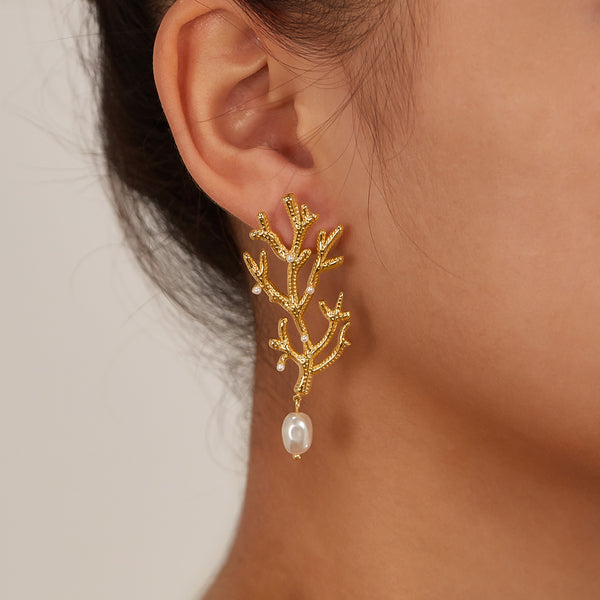 Women’s Gold Coral Pearl Drop Earrings – Ocean-Inspired Statement Earrings with Simulated Pearls, Elegant Dangle Jewelry for Women and Girls-Women's Earrings-SunnyHouse Jewelry
