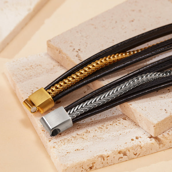 Elegant Men's Leather and Gold Plated Braided Bracelet – Modern, Versatile Design with Secure Clasp-Men's Bracelet-SunnyHouse Jewelry