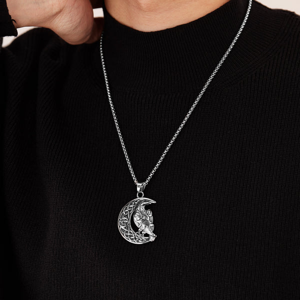 Celtic Crow Moon Pendant Necklace for Men – Titanium Stainless Steel Raven Necklace with Pentagram and Knotwork – Norse Viking Bird Amulet Jewelry-Men's Pendant Necklace-SunnyHouse Jewelry