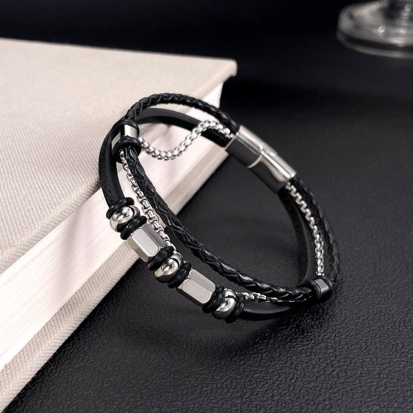 Men’s Titanium Stainless Steel Leather Bracelet – Multi-Strand Black Braided Leather and Chain with Silver Beads – Stylish Magnetic Clasp Wristband for Men-Men's Bracelet-SunnyHouse Jewelry