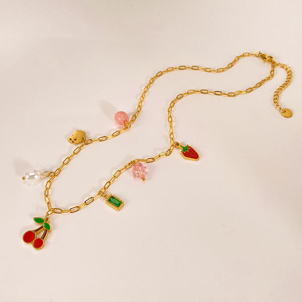 Women’s Titanium Stainless Steel Charm Pendant Necklace – Colorful Cherry, Pearl & Strawberry Dangle Charms – Gold Plated Playful Statement Necklace – Hypoallergenic & Durable-Women's Necklace-SunnyHouse Jewelry