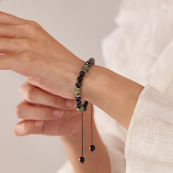 Adjustable Women’s Titanium Stainless Steel Beaded Bracelet – Natural Black Agate & Green Jasper, Faceted Macramé Slide Knot, Hypoallergenic & Tarnish‑Resistant Jewelry Gift-Women's Bangle-SunnyHouse Jewelry