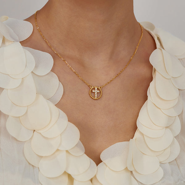 Women's Titanium Stainless Steel Cross Pendant Necklace, Gold-Plated Circle with Crystal Accents – Elegant Religious Jewelry for Everyday and Special Occasions-Women's Necklace-SunnyHouse Jewelry