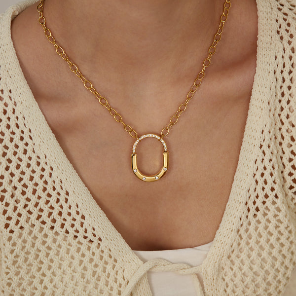 Women's Titanium Stainless Steel Oval Pendant Necklace with Cubic Zirconia – Gold-Plated Chain – Hypoallergenic & Tarnish Resistant-Women's Necklace-SunnyHouse Jewelry