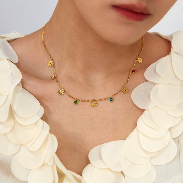 Women's Titanium Stainless Steel Flower and Gemstone Charm Necklace – Gold-Plated Chain – Hypoallergenic & Tarnish Resistant-Women's Necklace-SunnyHouse Jewelry