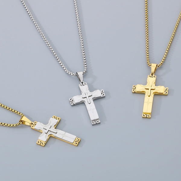 Men’s Titanium Stainless Steel Cross Pendant Necklace – Gold-Plated with Greek Key Engravings – Durable Christian Jewelry for Men-Men's Pendant Necklace-SunnyHouse Jewelry